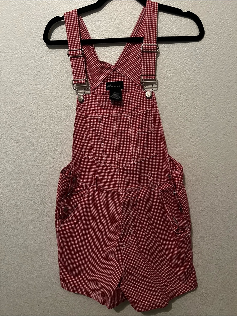 No Boundaries Red Gingham Overall Shorts